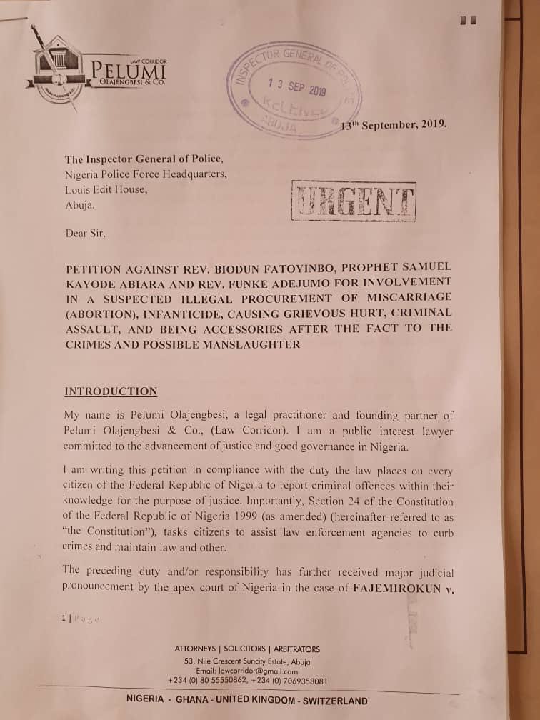 Page 1 of petition against Biodun Fatoyinbo